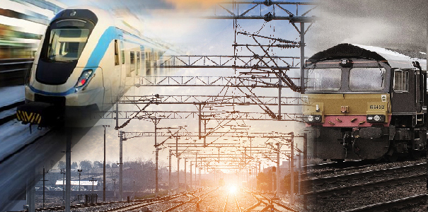 Three merged images of freight train, passenger train and overhead electrified lines