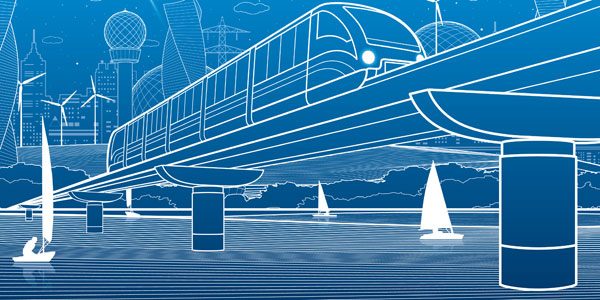 Outline drawing of train crossing bridge