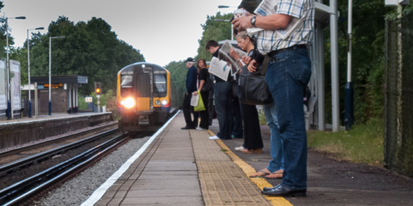 Train approaching station platform